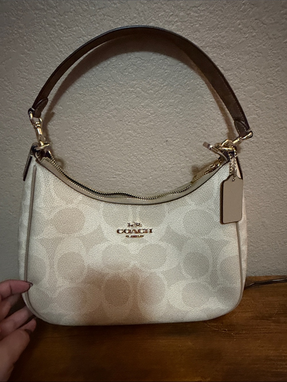 New Coach Cream Signature Canvas Shoulder Bag with Brown Signature Strap